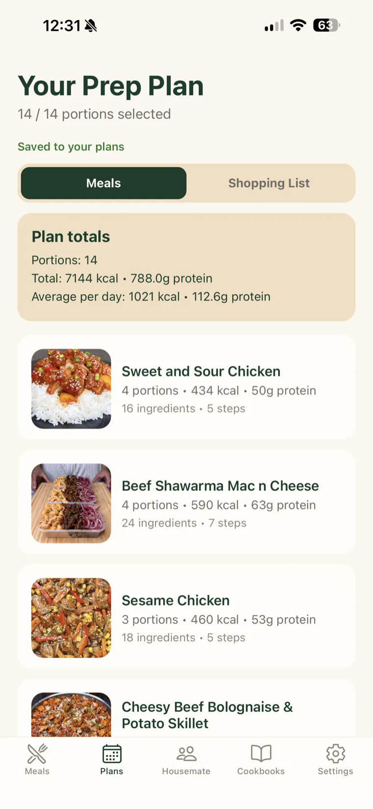 The Prepwell weekly prep plan, showing chosen meals with portions, calories and protein per meal.